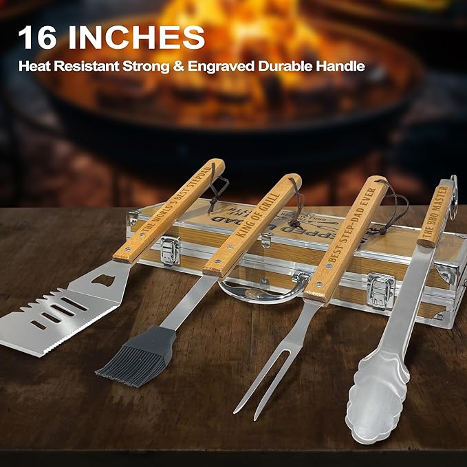 Step Dad Gifts from Daughter Christmas Heavy Duty Wooden BBQ Grilling Accessories Kit for Backyard, Thick Stainless Steel Grill Utensils with Non-Slip Handle Tools in Portable Bag Birthday