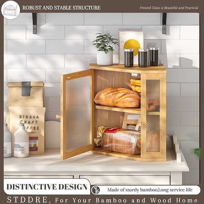 Corner Bread Box Kitchen Countertop Extra Large Capacity Farmhouse Bread Box, Corner Countertop Storage, Double Layer Bread Holder (Natural, Large)