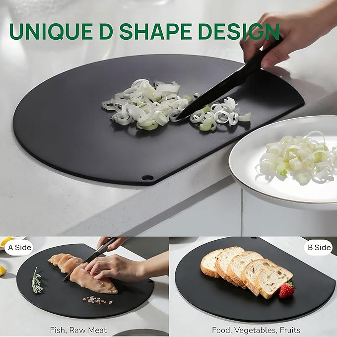 TPU Cutting Boards Set of 2, Flexible, Non-slip Chopping Boards for Kitchen, Knife-Friendly & Dishwasher Safe Cutting Mat for Meat, Vegetables & Fruits (2PCS, Gray/Black-D Shape)