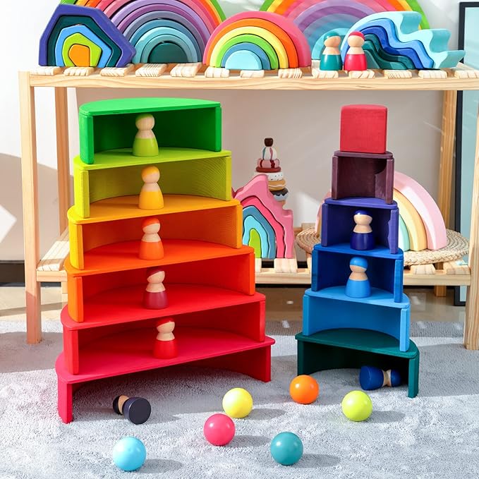 Rainbow Peg Dolls for Toddlers, 12 PCS Wooden Peg People Toys, Wooden People Pretend Play with Rainbow Stacking Toy, Preschool Wood Rainbow Friend Educational Toys