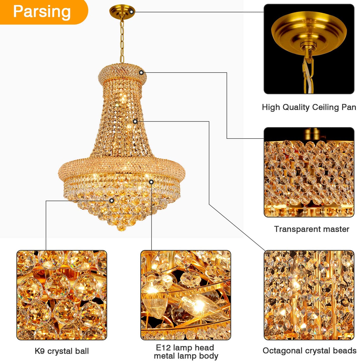 Gifarich Crystal Chandeliers For Dining Room Light Fixture Empire Style K9 Crystal Chandeliers For Entryway 12 Lights Gold stylish Lighting Fixtures For Living Room Stairway Bedroom Foyer D22 Inch