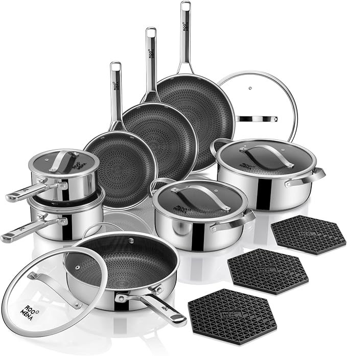 Pots and Pans Set Hybrid Stainless Steel, 17PC Nonstick Tri-Ply Cookware Set w/Frying Au Gratin pan, Dishwasher & Oven Safe, PFOA-Free, Metal Utensil Safe, Suitable for All Cooktops