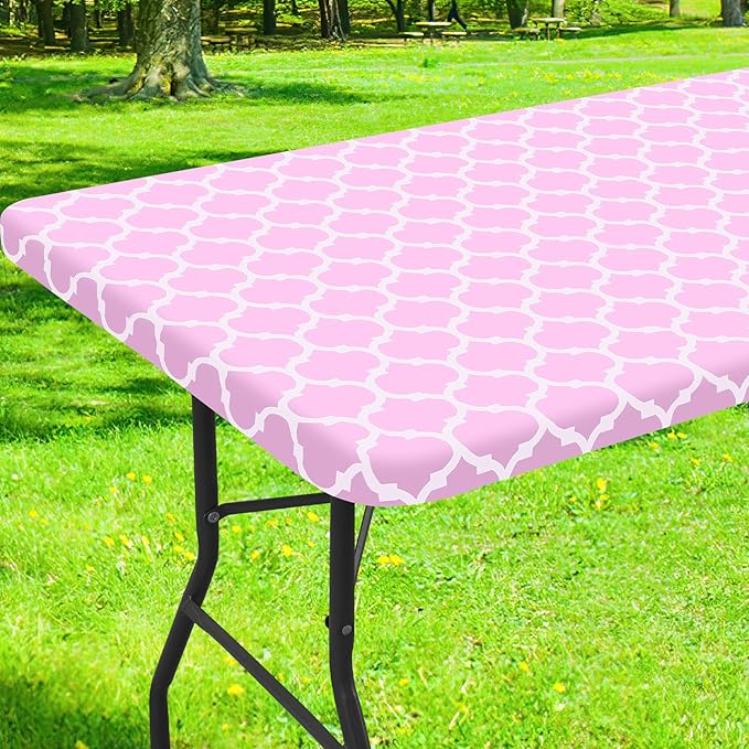 Smiry Rectangle Picnic Table Cover, Waterproof Elastic Fitted Camping Tablecloths for 4 Foot Tables, Wipeable Flannel Backed Vinyl Tablecloth Protector for Indoor, Outdoor (Pink, 24x48 Inches)