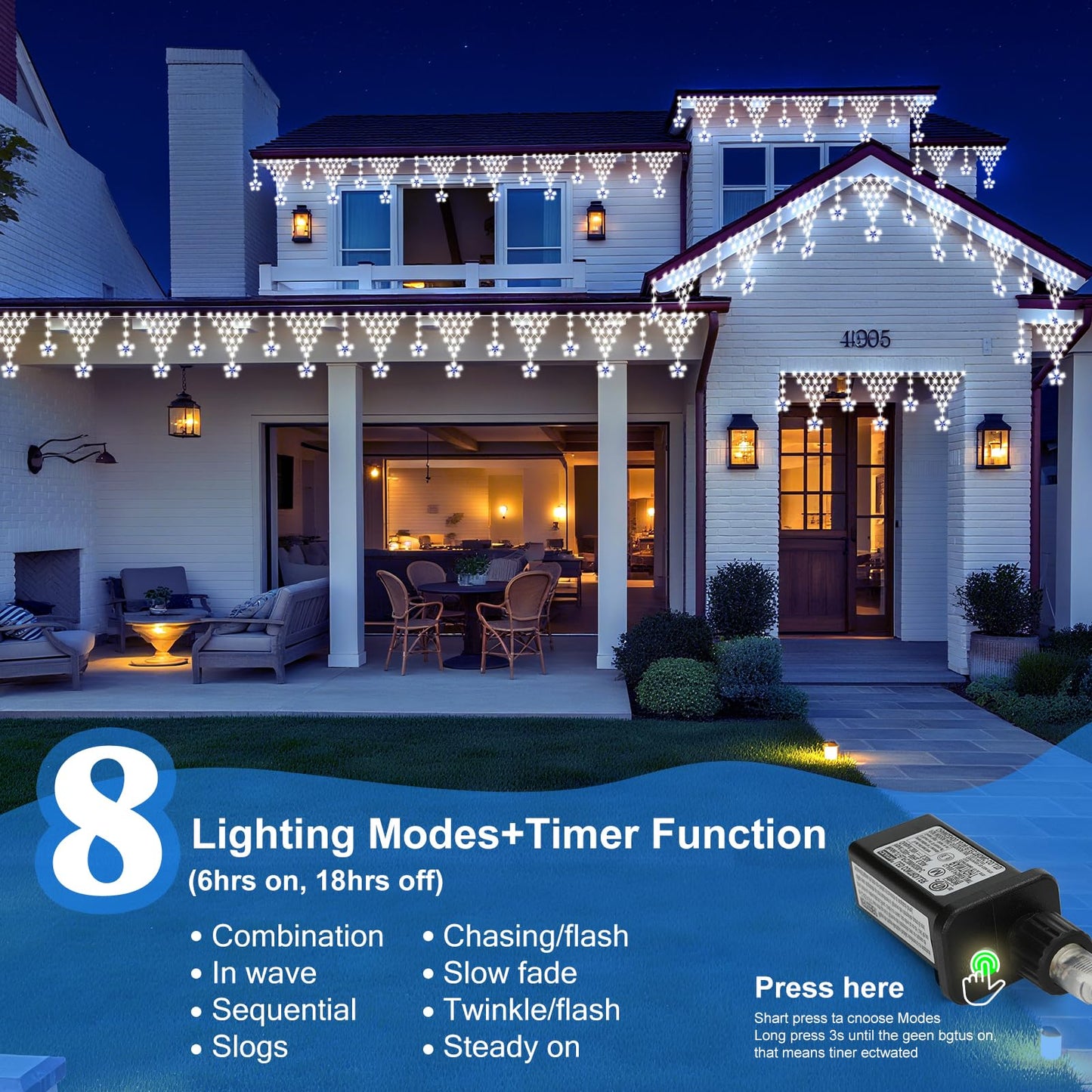 Funiao Christmas Lights Outdoor, 218 Leds Icicle Lights, 13.8Ft, Remote Controlled, White, Model Yls1000Wd01, 8 Modes For Eaves, Garden