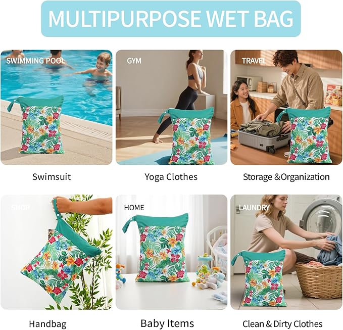 2pcs Wet Bags Waterproof Reusable Wet Dry Bag with Two Zippered Pockets Travel Beach Pool Daycare Yoga Gym Bag for Baby Cloth Diaper,Swimsuits,Wet Clothes (Flowers & Fruits)