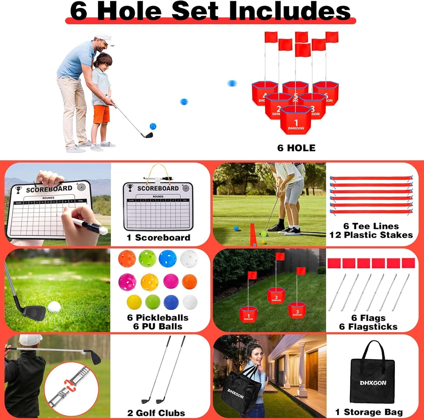 Backyard Golf Game with 2 Clubs, Portable 6 Hole Golf Course, Outdoor Yard Golf Chipping Game for Family and Adults, Beach, Park, Lawn, Field Day Reunion Party Games