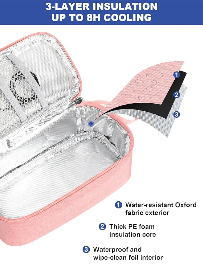 YOUSHARES Breastmilk Cooler Travel Bag with Digital Thermometer, Small Insulated Baby Milk Storage with 2 Ice Packs, Daycare and On-The-Go Moms （Pink）