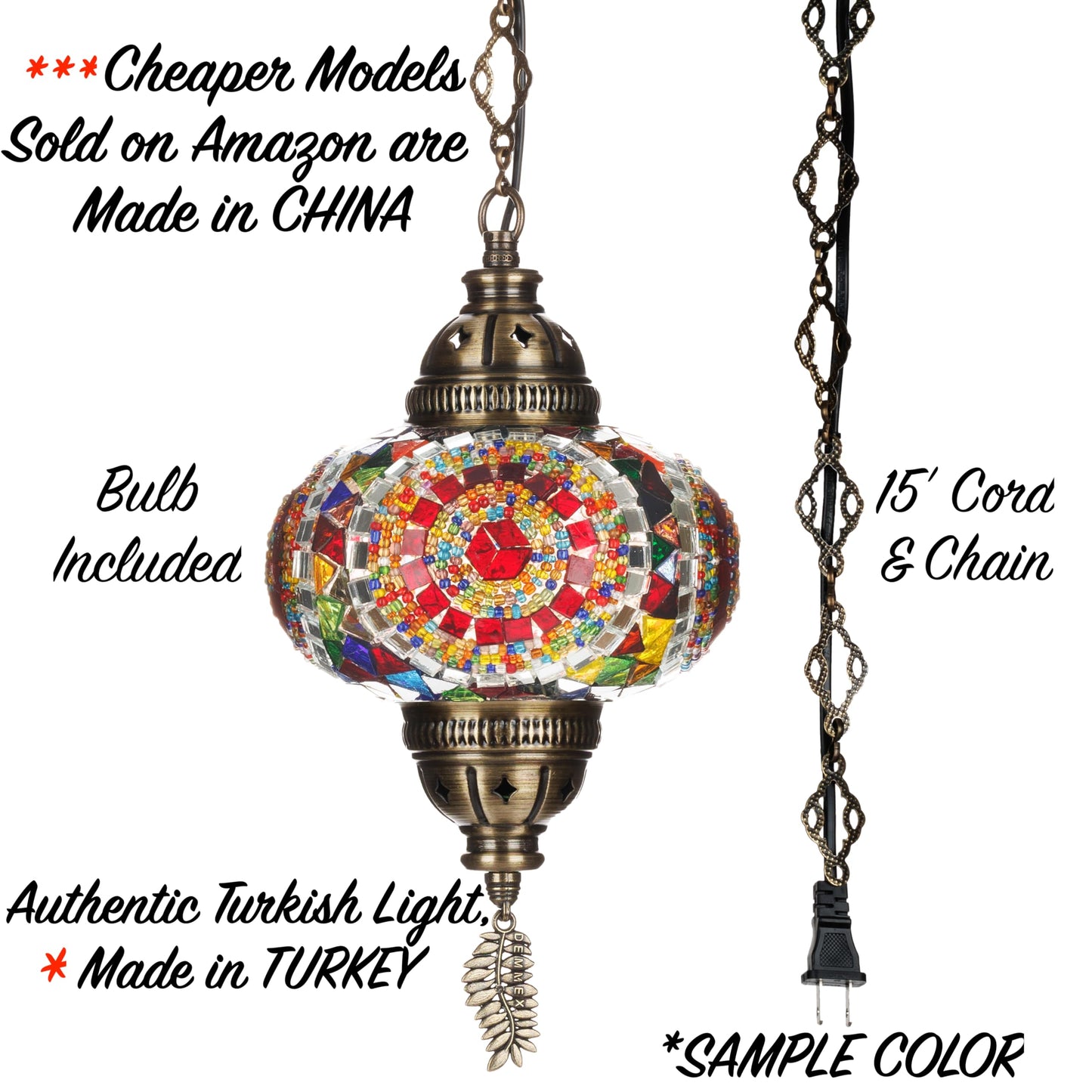 DEMMEX Turkish Mosaic Plug-in Swag Pendant Light, Large 6.5in Globe, Multicolor, Handmade, Model DEMMEXSWAG1