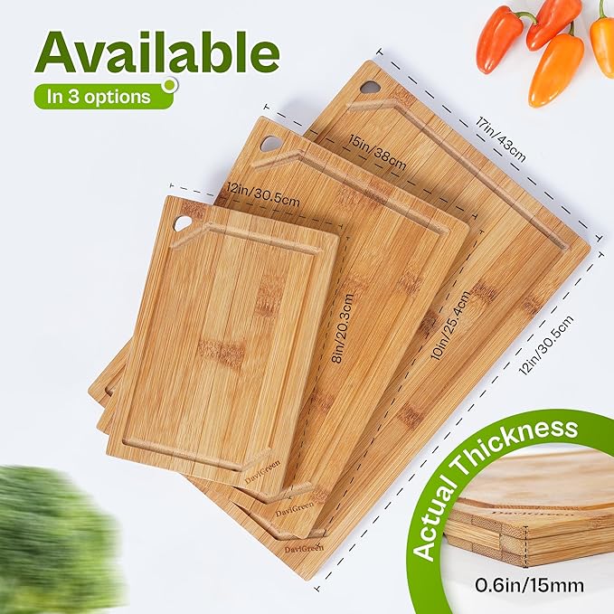 Bamboo Cutting Board Set – 3-Piece Natural Bamboo Boards with Deep Juice Groove & Hanging Hole, 0.6-Inch Thick, Warp-Resistant, Food-Contact Safe