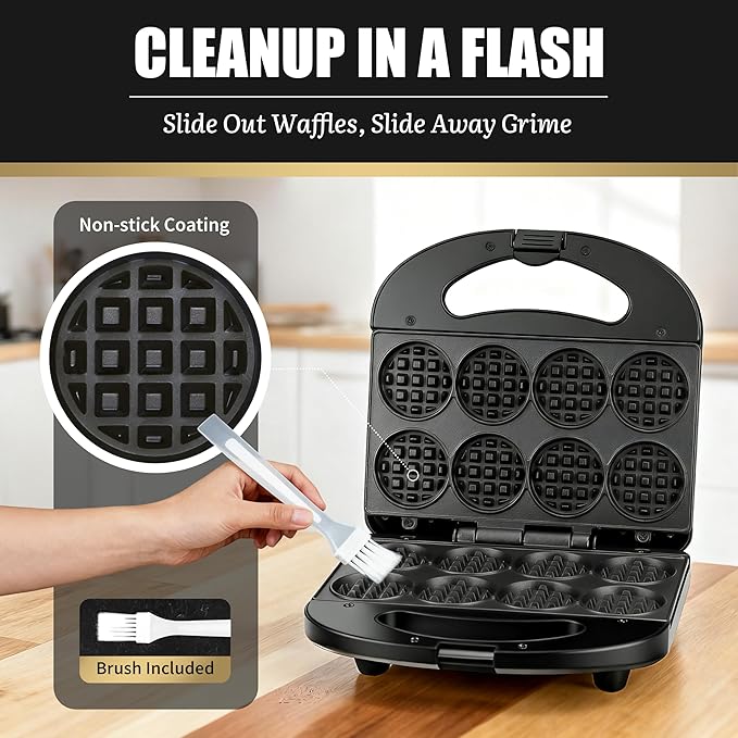 Mini Waffle Maker, Mini Waffle Iron, Waflera Electrica, Small Waffle Maker for Kids, Baby wafflera, Makes 8×2" Tiny Waffle Bites, Non-stick Surface, Ideal for Breakfast, Dessert and Snacks