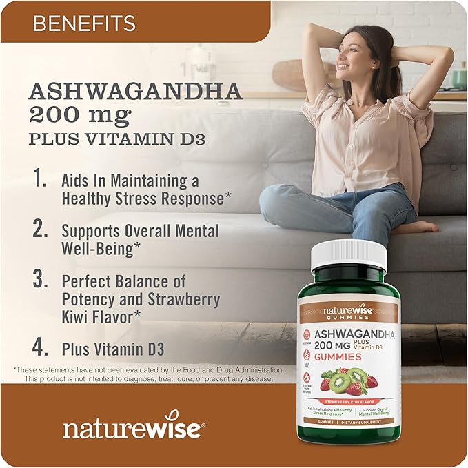 NatureWise Ashwagandha Gummies - Strawberry Kiwi - KSM-66 with Vitamin D3 - Calming Mood Support - Vegetarian - Non-GMO, Gelatin and Gluten Free - 90 Count[45-Day Supply]