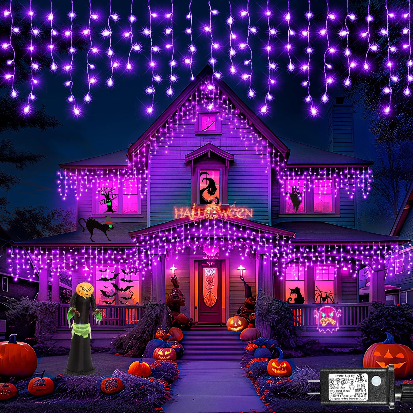 XmasBokeh 640 LED Icicle Lights, 66FT Outdoor String Curtain Light, 8 Modes, Waterproof, Purple, Model BG-CL3M3-306L01