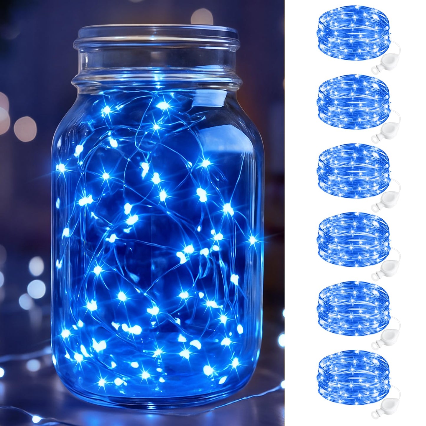 Btfarm 6 Pack Fairy Lights Battery Operated  7Ft 20 Led Mini String Lights Waterproof Silver Wire For Mason Jars Centerpiece Table Crafts Bedroom Christmas Decoration  Blue