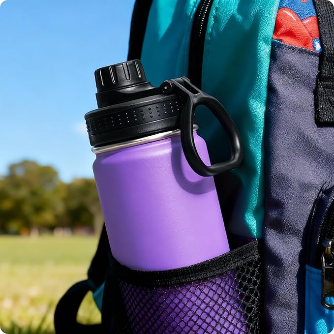 Kids Water Bottle with Spout Lid-12 oz Sports Wide Mouth Water Bottle for School-Reuasble Stainless Steel Vacuum Insulated Water Flask with Silicone Boot(Purple)
