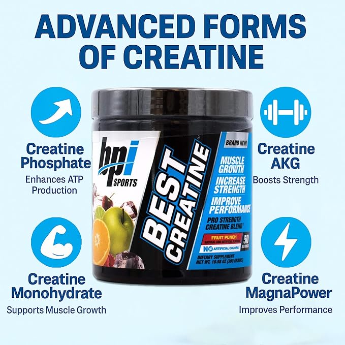 BPI Sports Best Creatine - Creatine Monohydrate Powder for Men & Women, Himalayan Salt - Strength, Pump, Endurance, Muscle Growth, Muscle Definition - No Bloat – Fruit Punch – 50 servings – 10.58 oz