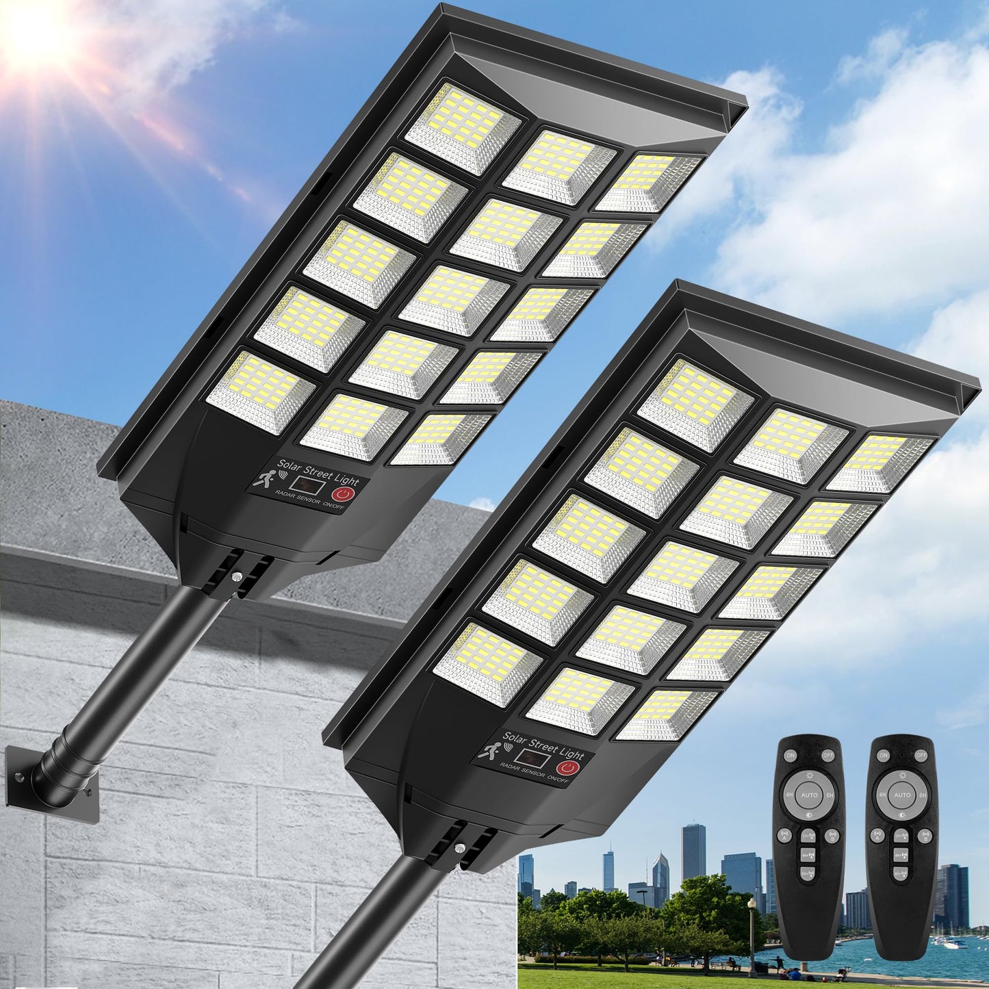 Azeivk Solar Street Lights Outdoor, 6500K Waterproof Motion Sensor, Remote Control, 2 Pack, White, Model Azeivk571