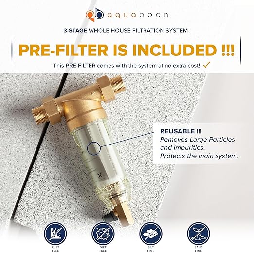 Aquaboon 3 Stage Whole House Water Filter System - w/Premium Polyphosphate & KDF Filters & CTO 5 Micron Water Filter 20" x 4.5" - w/Wrench, Steal Bracket & Pressure Gauges & Release Buttons (1" Port)