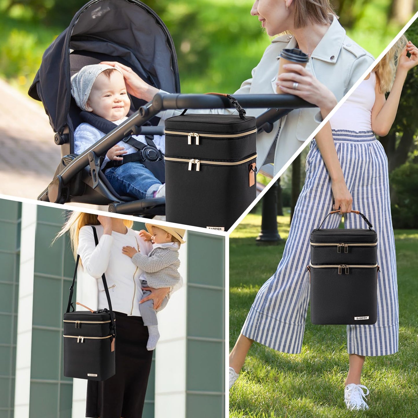 BABEYER Breastmilk Cooler Bag with Ice Pack Fits 6 Baby Bottles Up to 9 Ounce, Double Deck Leak-Proof Baby Bottles Bag with Shoulder Strap for Nursing & Working Mom, Black