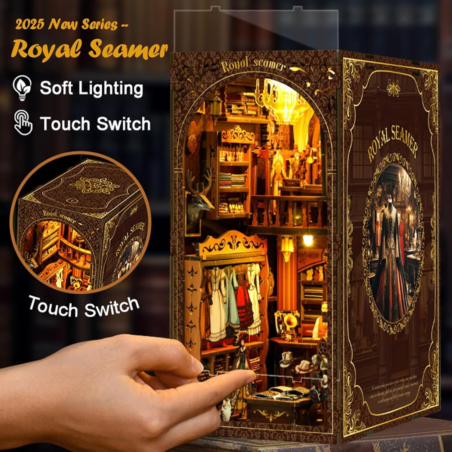 [2025 New Royal Seamer Book Nook Kit with Dust Cover & LED Light, DIY Miniature House Kit Toy, 3D Wooden Puzzle Bookshelf Decor Building Kit, Birthday Gifts for Family & Friends