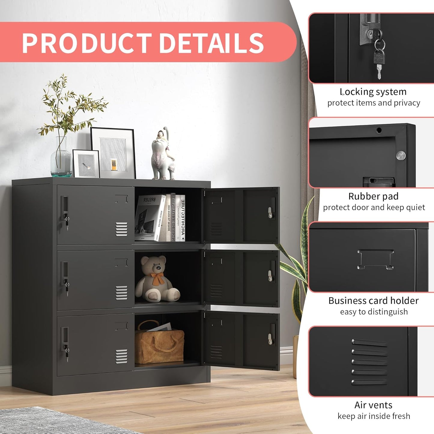 Metal Lockers for Employees, Office Storage Locker with 6 Doors, Black, 35.43" W x 15.75" D x 39.37" H, Steel Staff Locker Storage Cabinet for Gym, Home, School, Garage, Assembly Required