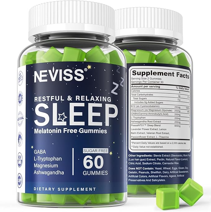 NEVISS Melatonin Free Sleep Aid Gummies for Adults - GABA, L-Tryptophan, Magnesium, Ashwagandha - Non-Habit Forming, Help for Deep Relaxation - Vegan, Meyer Lemon Flavor, 1Pack