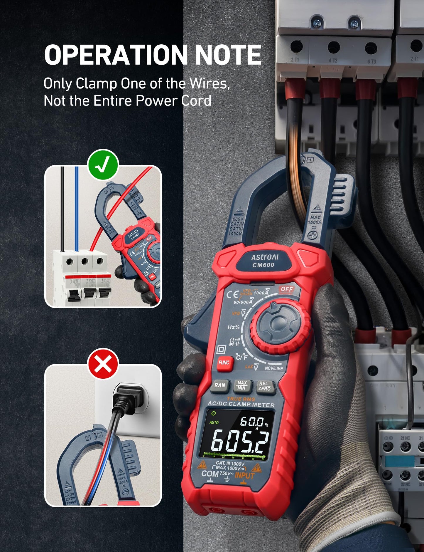 AstroAI Inrush Digital Clamp Meter Multimeter 1000A TRMS 6000 Counts, Amp Voltage Tester with VFD, LOZ Mode; Measures AC/DC Current Voltage Temperature Resistance Capacitance Frequency Continuity NCV
