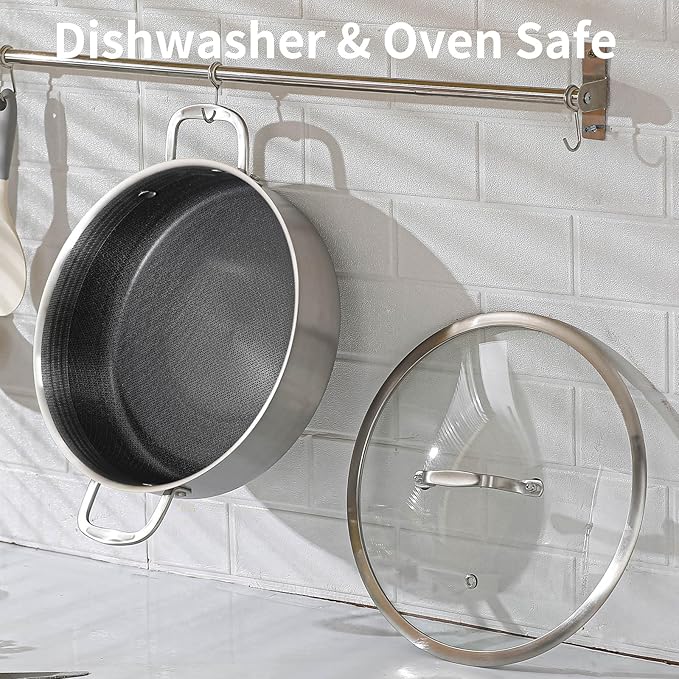 DELARLO Tri-Ply Stainless Steel 5.5QT Saute Pan With Lid Nonstick 12 Inch Deep Frying Pan Double handle, Induction Large Skillet Cooker Pan Dishwasher & Oven Safe