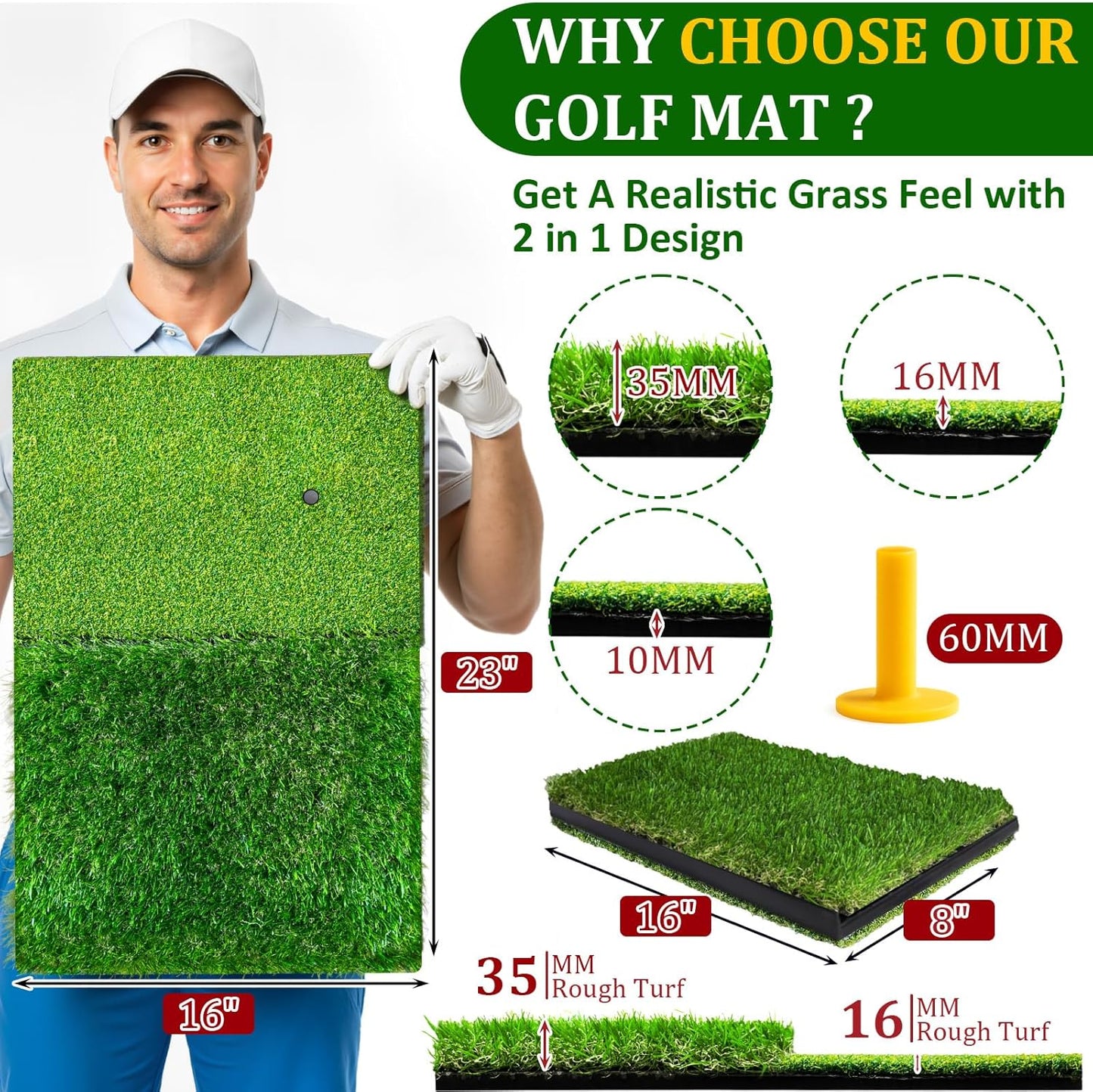 Premium Dual-Turf Golf Hitting Mat - 4x5ft Indoor/Outdoor Practice Mat with Realistic Fairway & Rough Turf, Portable Golf Swing Training Mat with Alignment Guide Real Feel for Driving Range