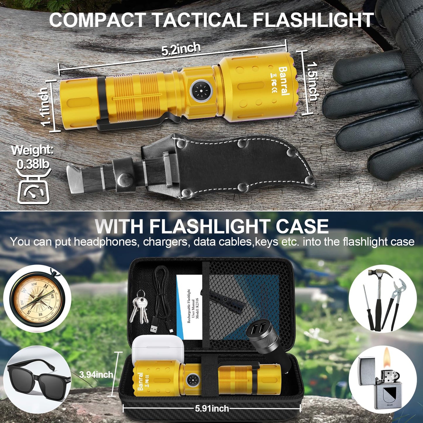 Flashlights High Lumens Rechargeable  20000 Lumens Super Bright 1500 Meters Long Range Small Powerful Flashlight  6 Modes Led Tactical Pocket Waterproof Flash Light For Home Emergency (1  Yellow Gold)