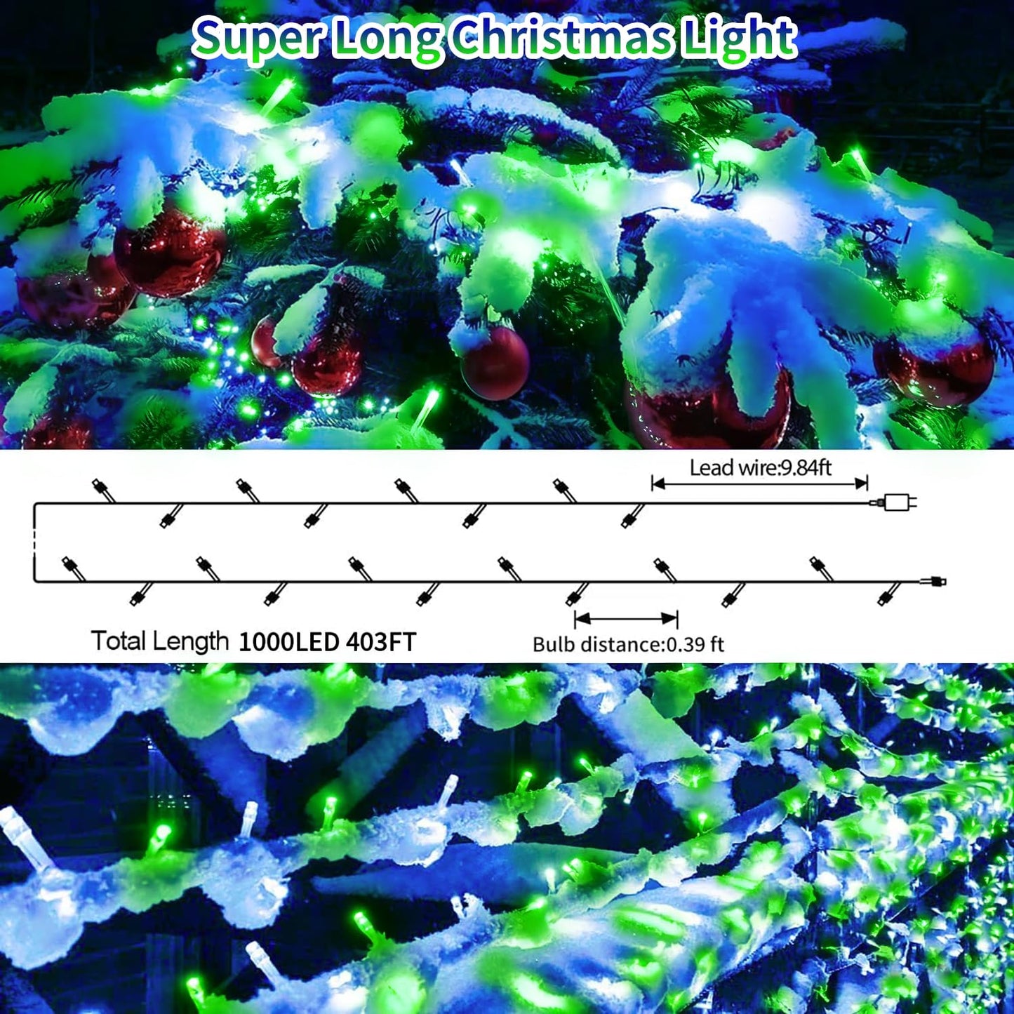 403 Ft 1000 Led Christmas Lights Outdoor Fairy Lights Plug In Extra Long String Lights Clear Wire Waterproof 8 Modes Timer For Outside House Tree Garden Yard Wedding Party Decorations-Blue And Green
