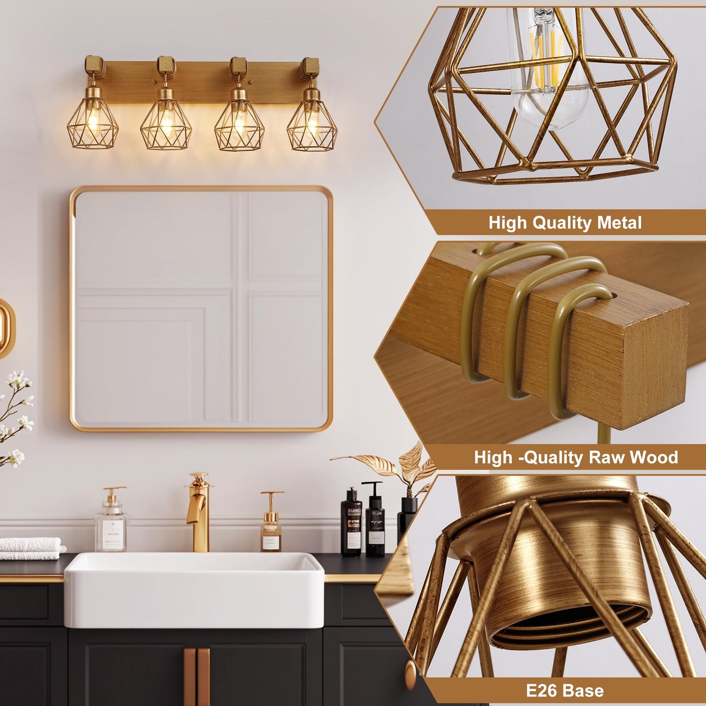 Bathroom Gold Vanity Light Fixtures  4-Light Gold Bathroom Light Fixtures Over Mirror  Sconces Wall Lighting With Elegant Metal Lampshade For Living Room  Bedroom  Hallway
