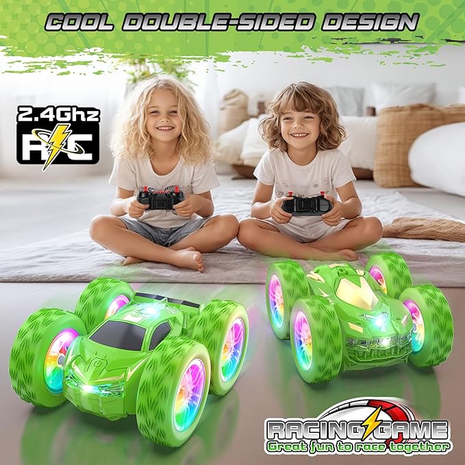 Remote Control Car for Kids, RC Stunt Cars Toys for Boys Ages 4-7 with Cool Double-Sided Pattern and LED Flash, 1:24 Vehicle Toy Car Hobby Racing Car Toys Gift for 3 4 5 6 7 8 9 Year Old Boys