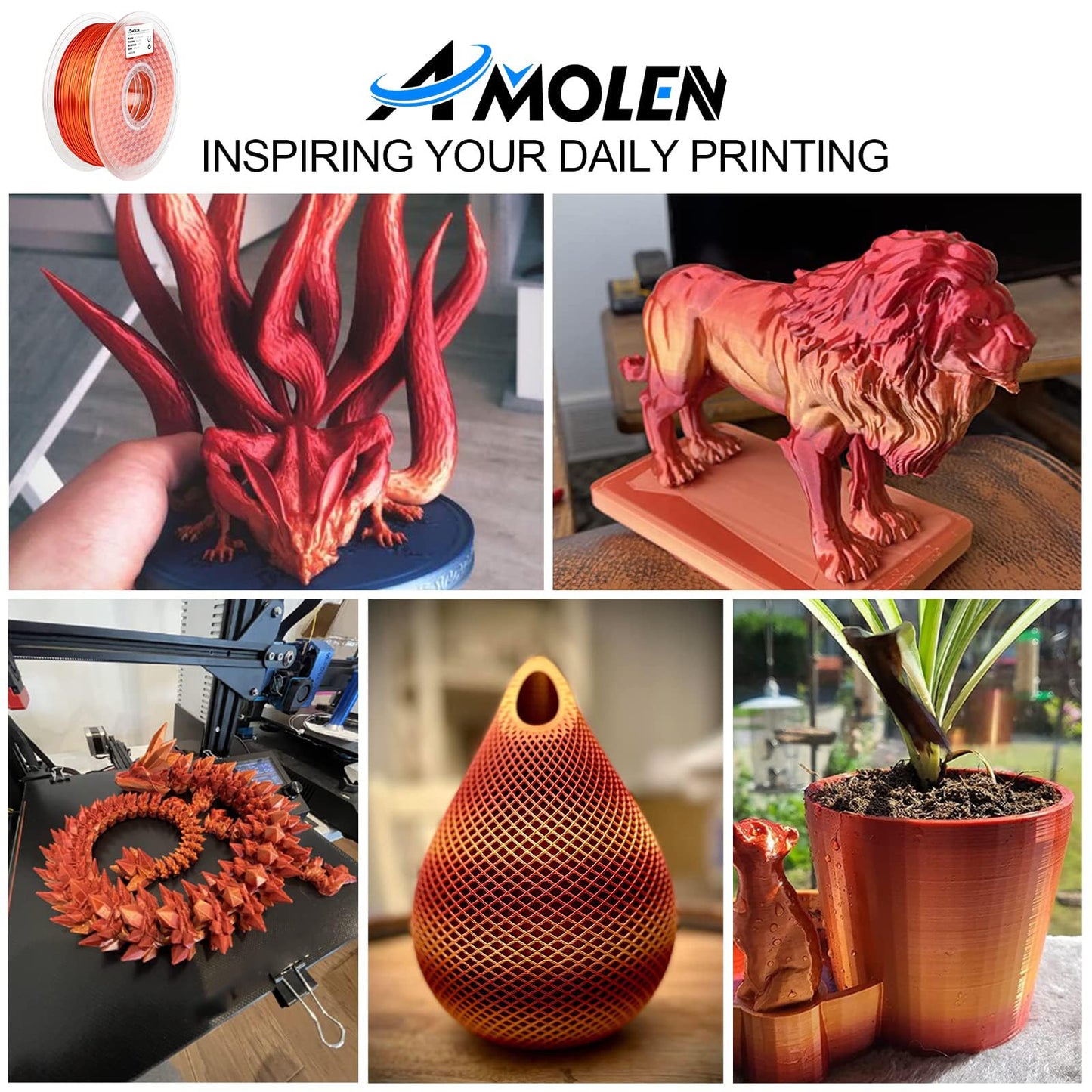 AMOLEN Silk PLA Gradient 3D Printing Filament, 1KG Spool 1.75mm Silk Shiny Red Gold Gradient Printer Filament 2.2lb Brighter New Version, Compatible with 3D Printer and 3D Pen