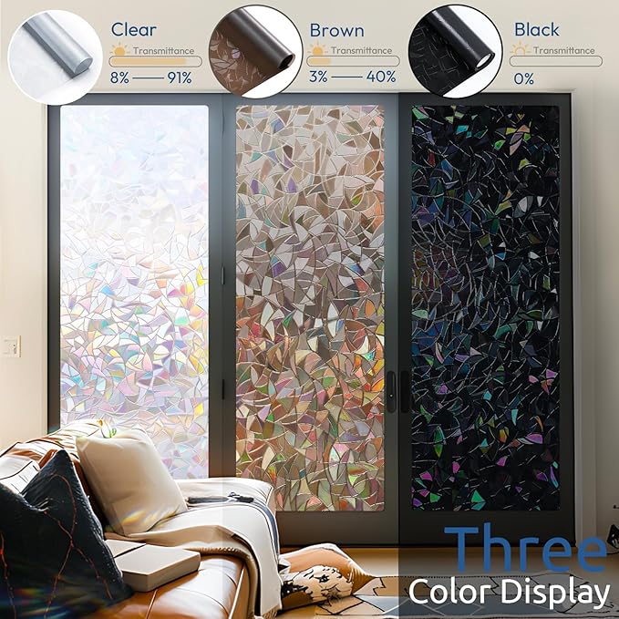 rabbitgoo Window Privacy Film Rainbow Film Decorative Window Sticker, 3D Static Stained Glass Cling Tint for Home Heat Control Non-Adhesive, Brown, 23.6 x 157.4 inches