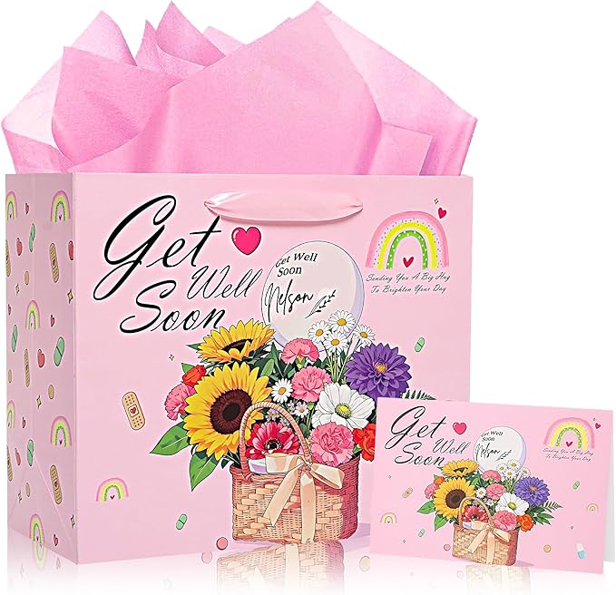 NIUBEHOHO Get Well Soon Gift Bag - Large Pink Flowers Gift Bag for Women Men with Wrapping Tissue Paper Self Care Card Aft...