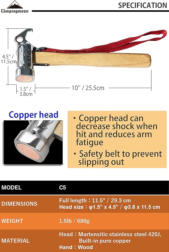 CAMPINGMOON Camping Hammer Peg Tent Stake Hammer Stainless Steel Built-in Pure Copper Head Wood Hand with Tent & Tarp Stake Remover C5