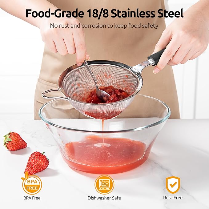 U-Taste Fine Mesh Food Strainer: 18/8 Stainless Steel 30 Mesh Kitchen Sieve with Sturdy Riveted Silicone Handle, Heavy Duty Deep Handheld Metal Colander (Small/3.35in+Medium/4.73, Black)