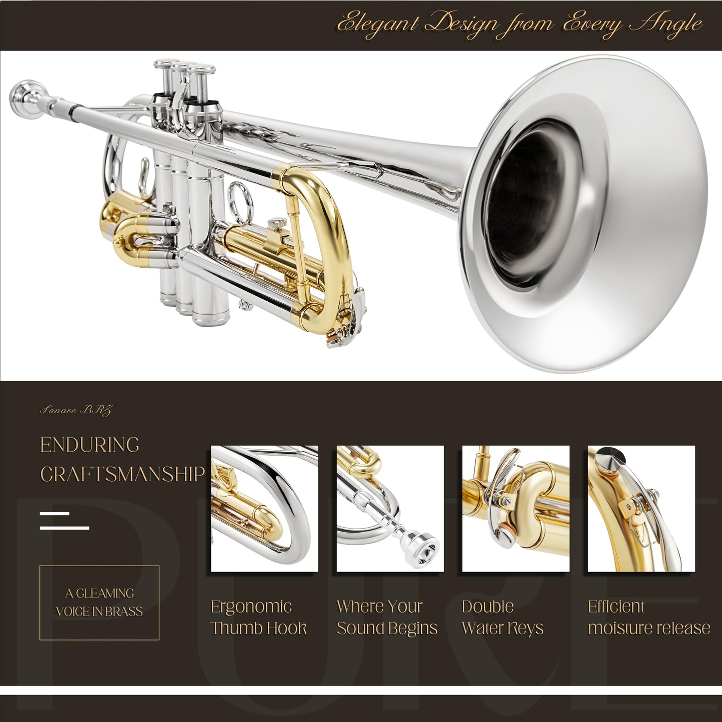 Aklot Hand-Hammered Bell Bb Trumpet: Smooth Valve Action, Clear-Lacquered Brass Body, Standard Trumpet Beginner Set With Leather