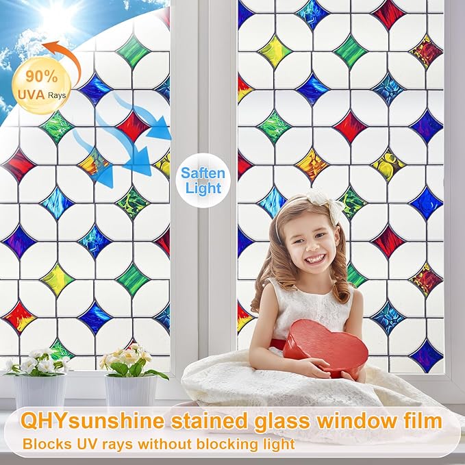 Stained Glass Window Film - Non-Adhesive Colorful Privacy Film | Privacy Protection, Reusable & Renter Friendly | Perfect for Bedroom/Bathroom Room Decor(Frosted Mosaic, 17.5 X 157.4 in)