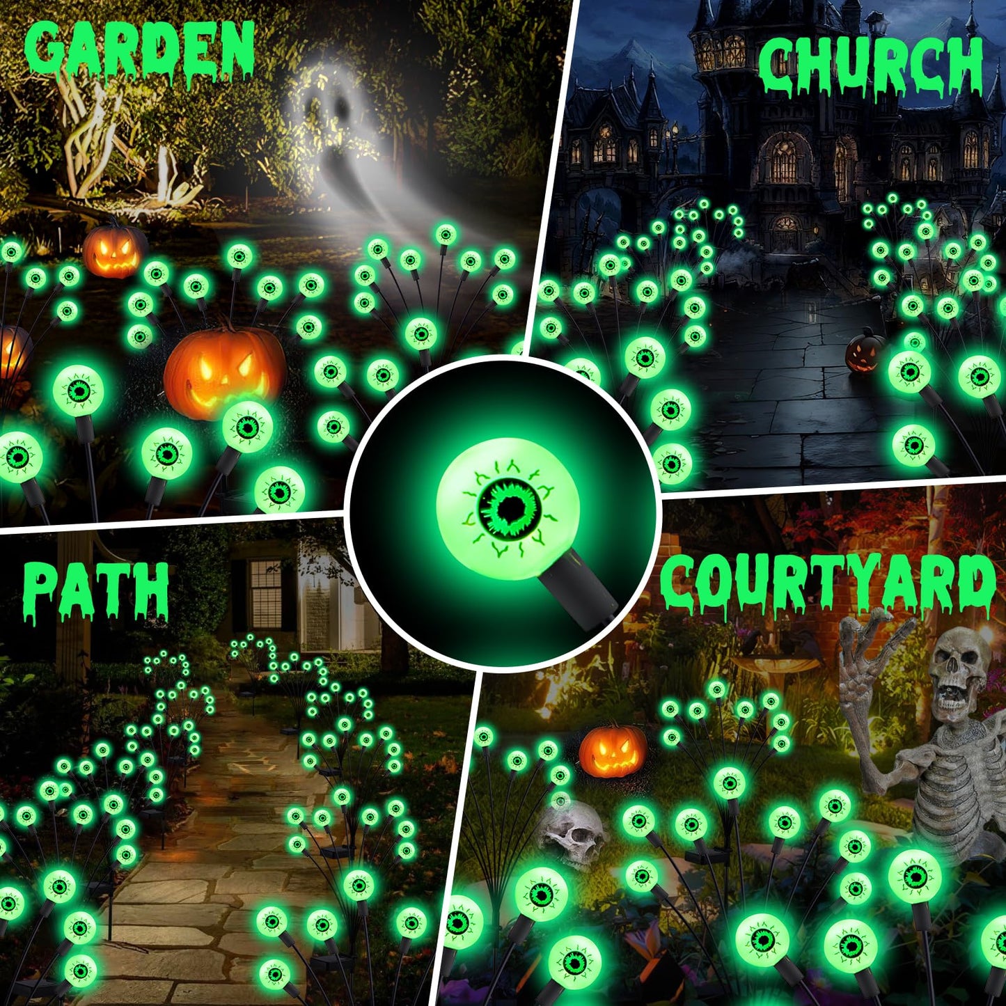 ASMAD Halloween Decorations - 4Pack Solar Eyeball Lights, 32LEDs, Waterproof, Green, Model SG-lights-Halloween