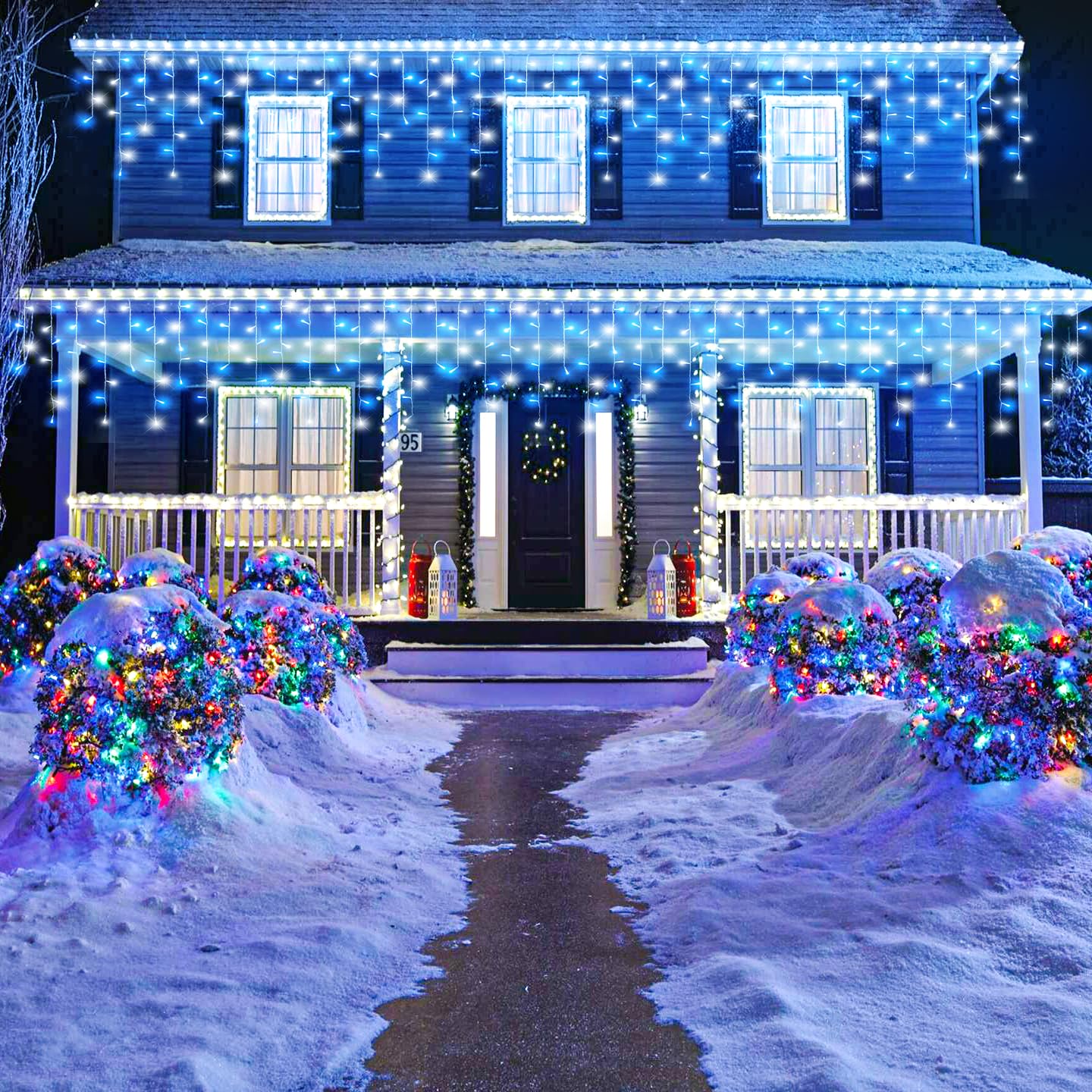 99Ft Blue And White Christmas Lights  1216 Led Icicle Lights For Outside House Clear Wire Twinkle Light With 8 Modes Timer Waterproof For Window Party Tree Holiday Patio Yard Home Decor