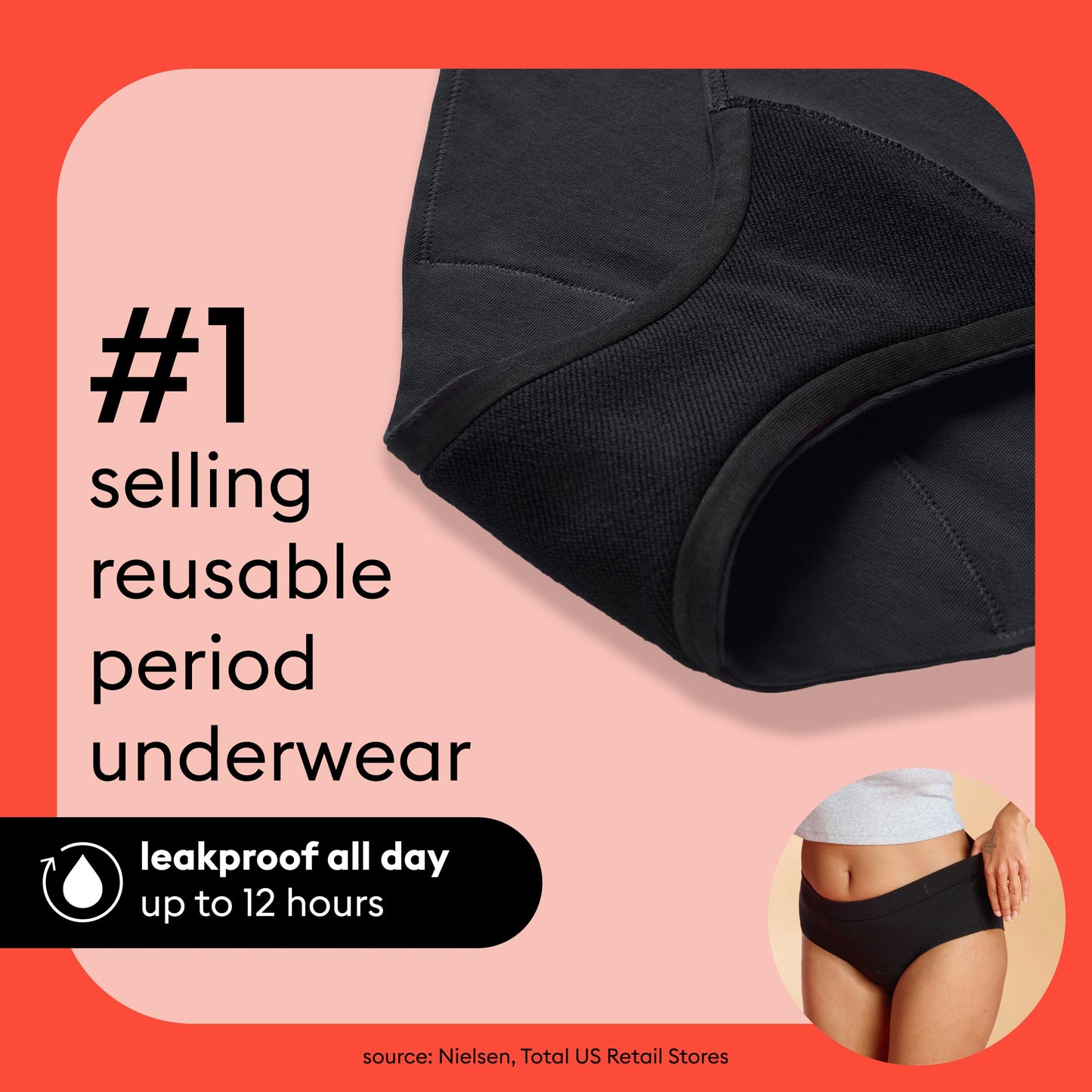 Thinx for All Period Underwear, Everyday Comfort Brief, Holds Up to 12 Regular Tampons*, Period Panties, Leakproof, Reusable & Controls Odor, Black, 2 Pack, XL