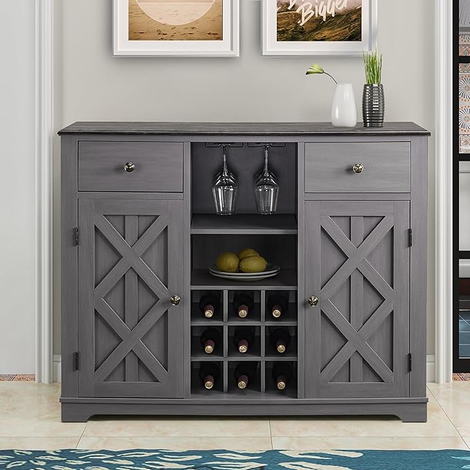 Rustic Wine Cabinet with Wine Rack and Lattice, Sideboard Buffet Cabinet with Drawers, Multifunctional Storage Cabinet for Kitchen, Dining Room, 47 Inch (Gray)