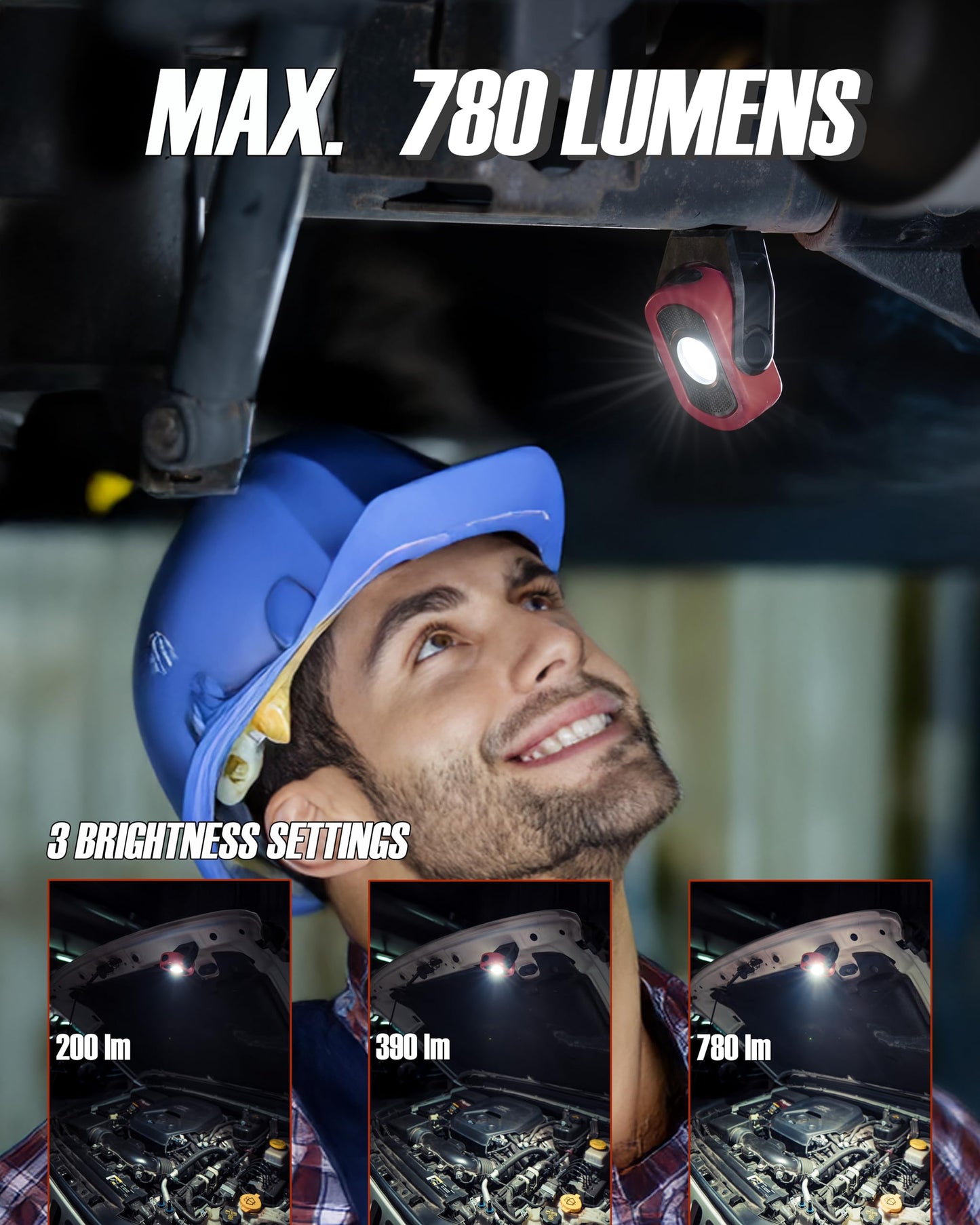 Carhigh-standard Work Light  Magnetic Light With 3 Modes & 360 Pivoting Head  780 Lumen Rechargeable Pocket Light For Mechanics  Jobsites And Emergency (Red)