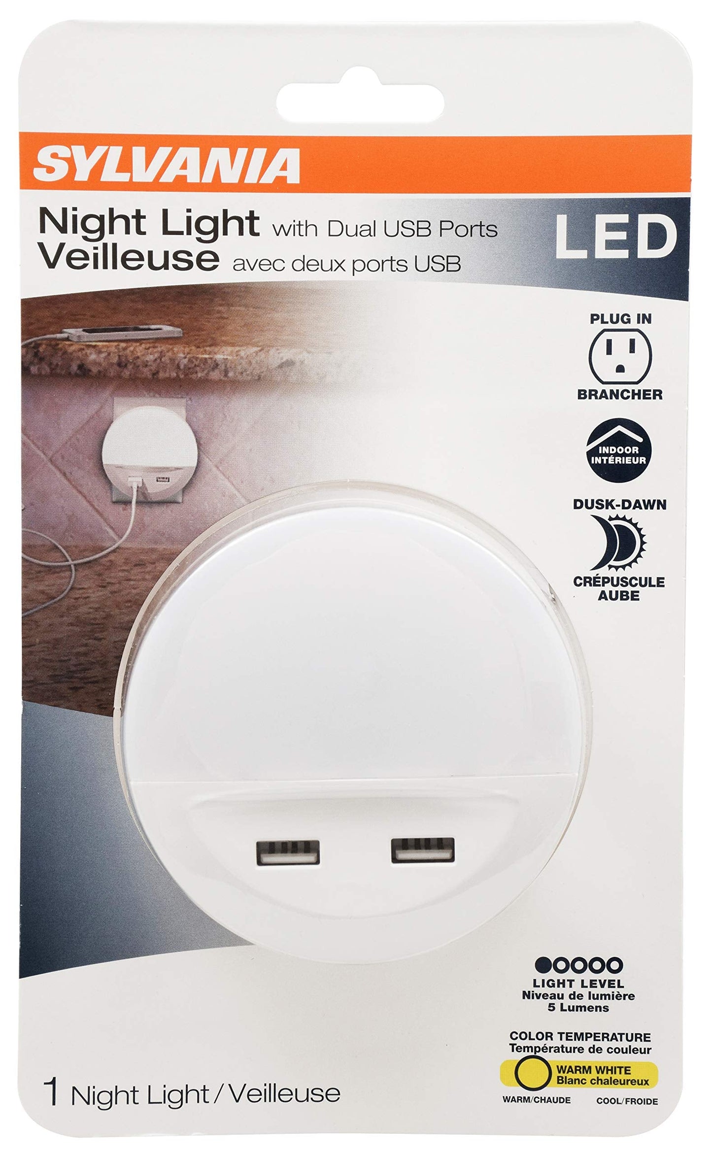 LEDVANCE SYLVANIA LED Night Light with Dual USB Ports, 3000K Warm White, Dusk to Dawn, Frosted Finish, 1 Pack, Model 65005