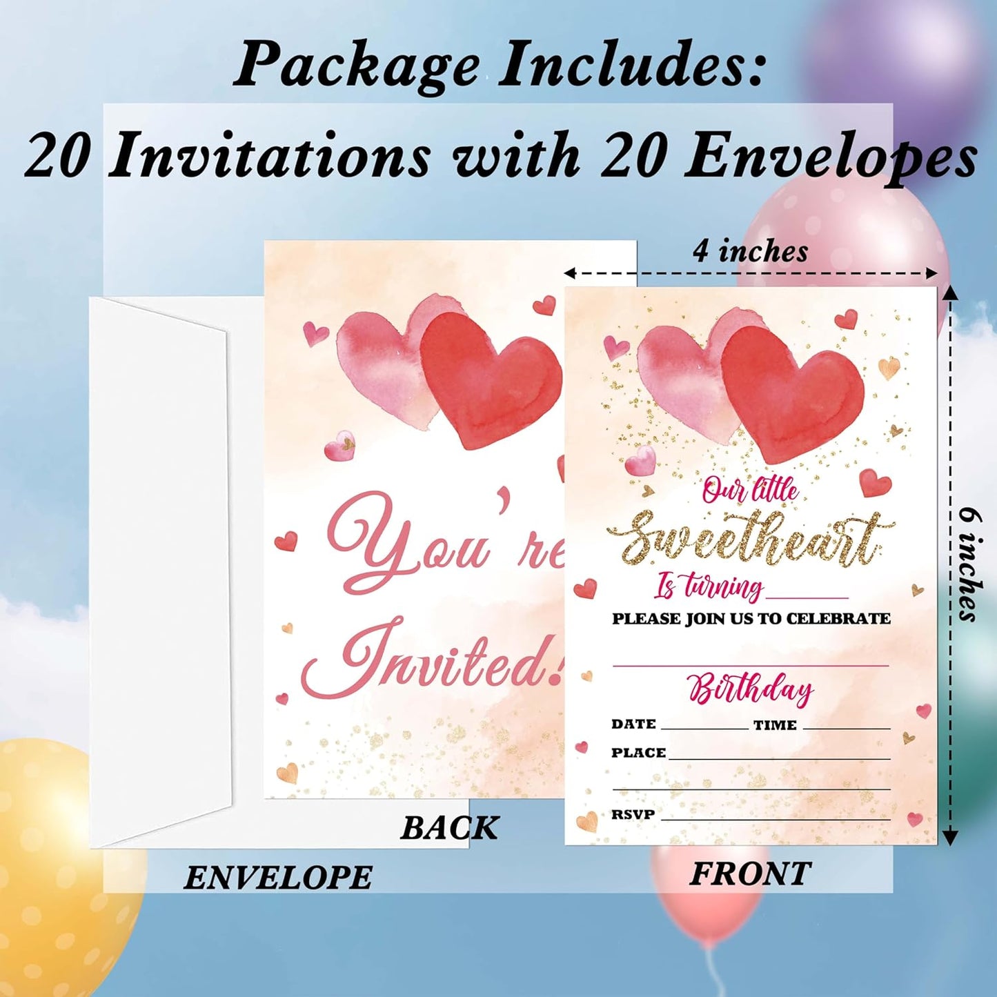 Sweetheart Birthday Invitations, 20 Invitation Cards with Envelopes, Pink Gold Hearts Valentine's Invites for Party Decorations Favor Supplies - A08