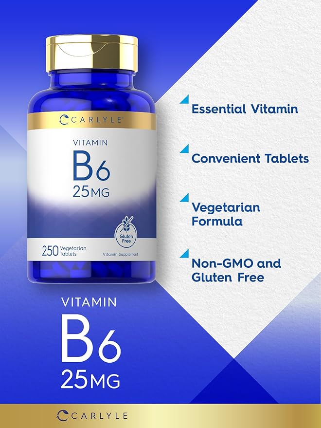 Carlyle Vitamin B6 | 25 mg | 250 Tablets | Supplement for Women and Men | as Pyridoxine Hydrochloride | Vegetarian, Non-GMO, and Gluten Free
