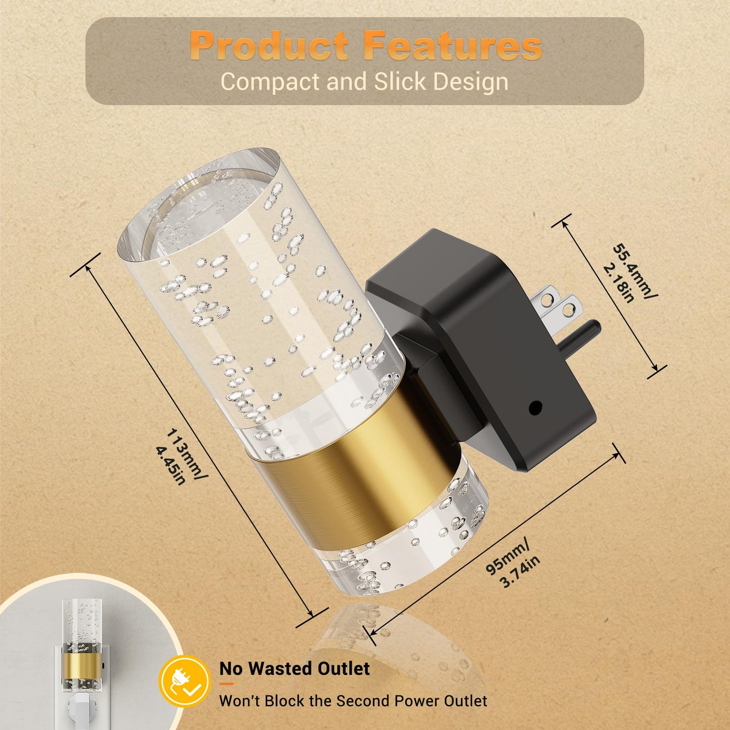JandCase Night Light, Dimmable LED with Auto Light Sensor, 1 Pack, Gold-Amber, Model C-GY19707US