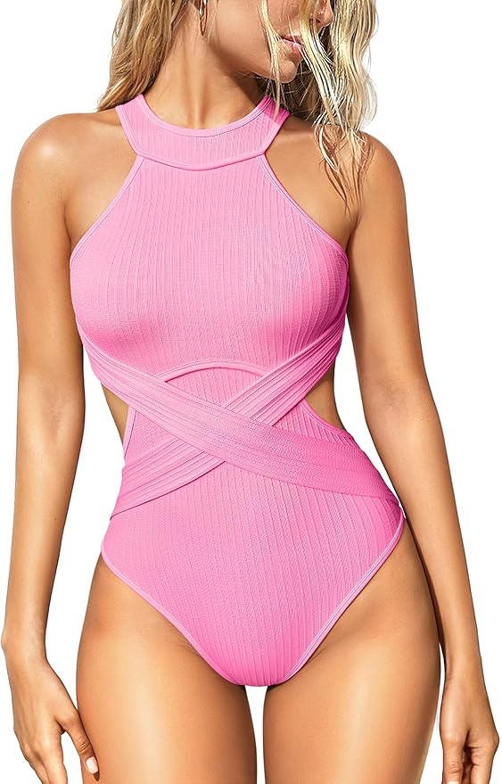 OQQ Women's One Piece Swimsuits Tummy Control High Waisted Cross Bathing Suit Wrap Tie Back 1 Piece Swimwear