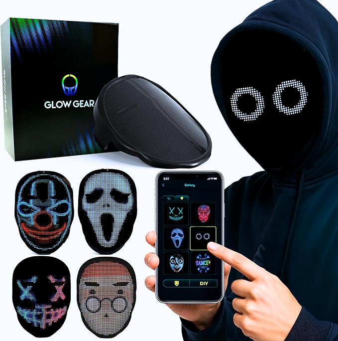 Glow Gear Face Transforming LED Mask App-Controlled Light Up Cosplay Mask with 115+ Animated Faces, Customizable LED Patte...